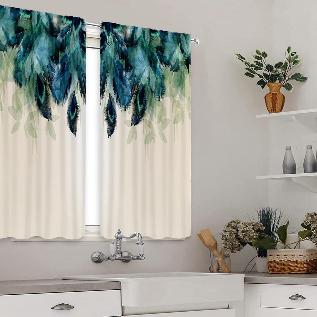 2pcs Feather Green Flowers, Study Room Kitchen Living Room Dorm Room Rod Pocket Top Window Drapes, Bedroom
