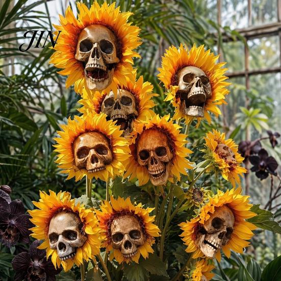Halloween Lawn Decoration Sunflower Skull Ornament, Theme Garden Decor, Potted Skeleton Flower Pot Plant Waterproof Outdoor Decoration, for Patio Yard