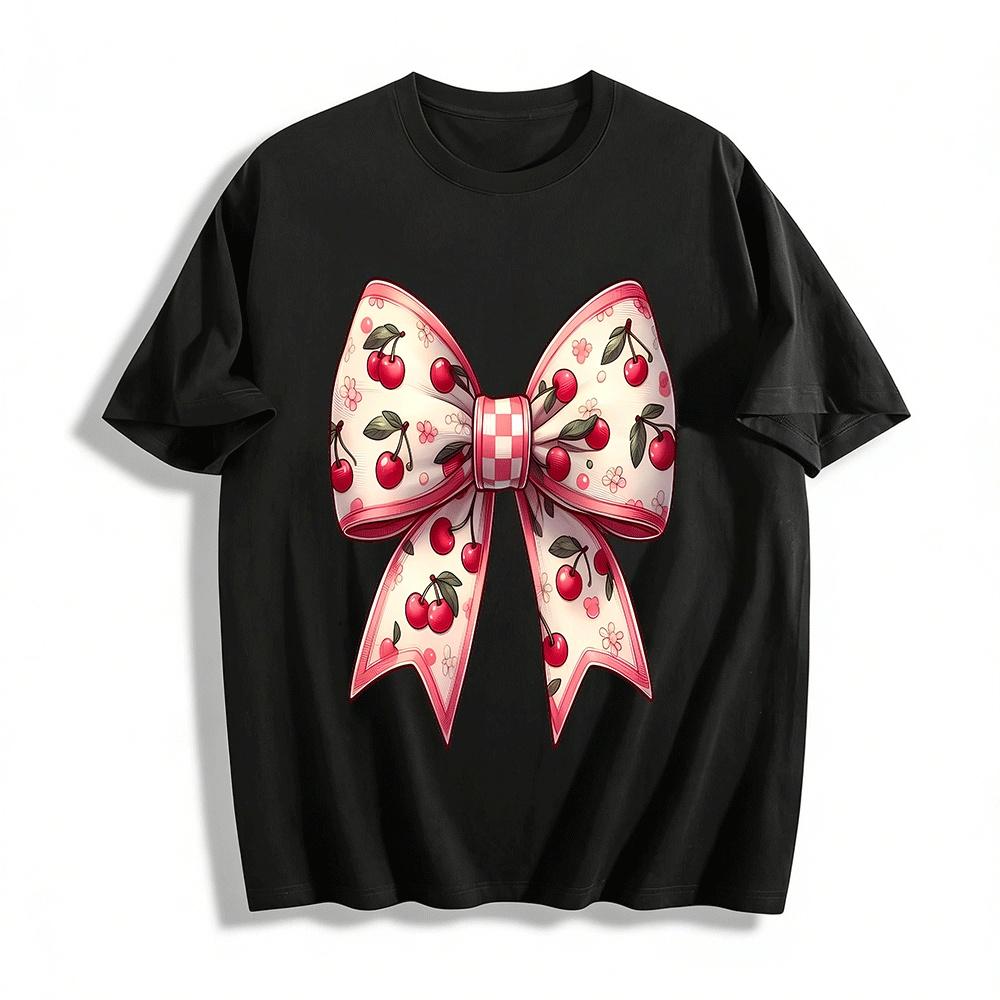 Sweet Cherry Bow Print Casual Loose Fit Girls  Top Pure cotton T-shirt XXS