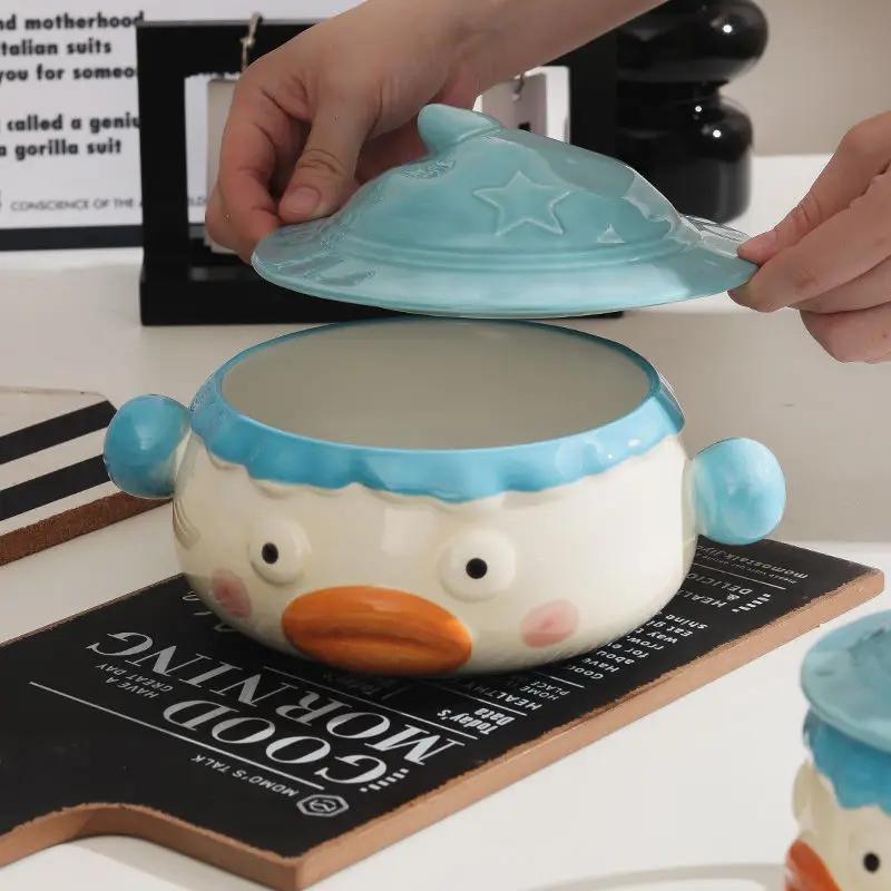 Clown Noodle Bowl Ceramic Dormitory Students with Lid Handle Cute Creative Cutlery Funny Wide Mouth Large Convenient Soup Bowl