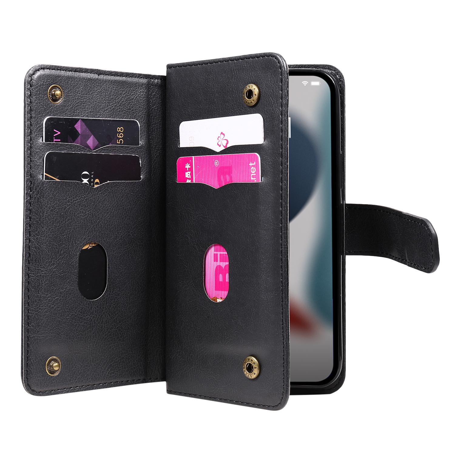 

For iPhone 15 Leather Case with 10 Card Holder Phone Cover Stand Black