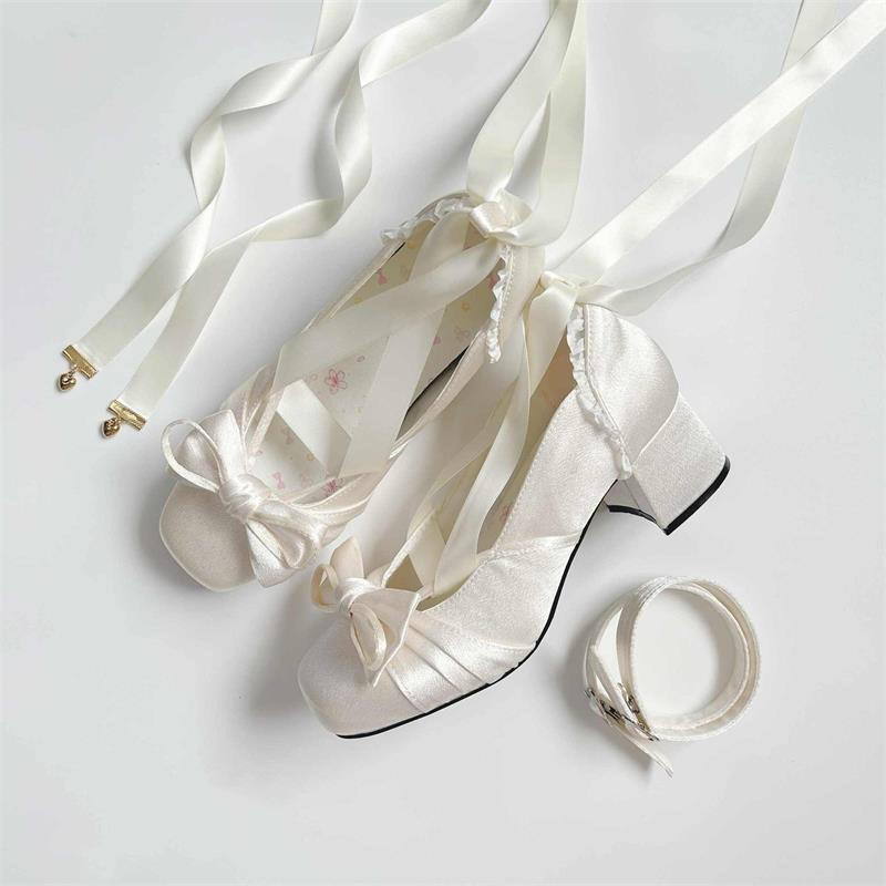 

Атласные балетки Мэри Джейн женские туфли лолита 2025 новые толстый каблук квадратный носок лента бант для девочки одинарные 40