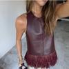Top Cropped Feminino de Couro Sintético com Franjas, Alça no Pescoço, Costas Abertas, Sem Mangas, Top para Sair com Franjas, Sexy para Saída, Club, Rave, Concertos