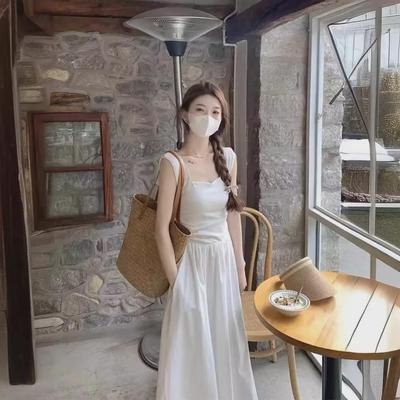 Women's French-Style White Sleeveless Vest Dress: Elegant Square Collar & Slim Waist Long Skirt