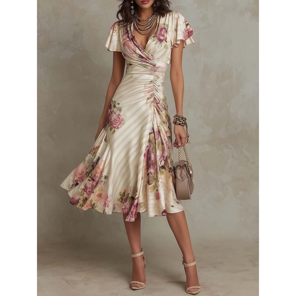 Women's V Neck Short Sleeve Floral Printed Ruched Midi Dress A Line High Waist Elegant Party Dress