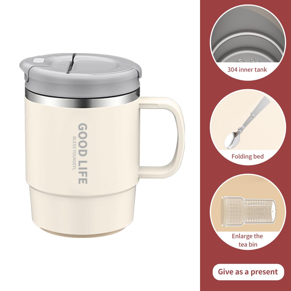 WORTHBUY 304 Edelstahl Kaffeetasse Becher mit Deckel Doppelwandige Isolierte Wassertasse mit Griff und Deckel Hitzebeständiges Trinkgeschirr