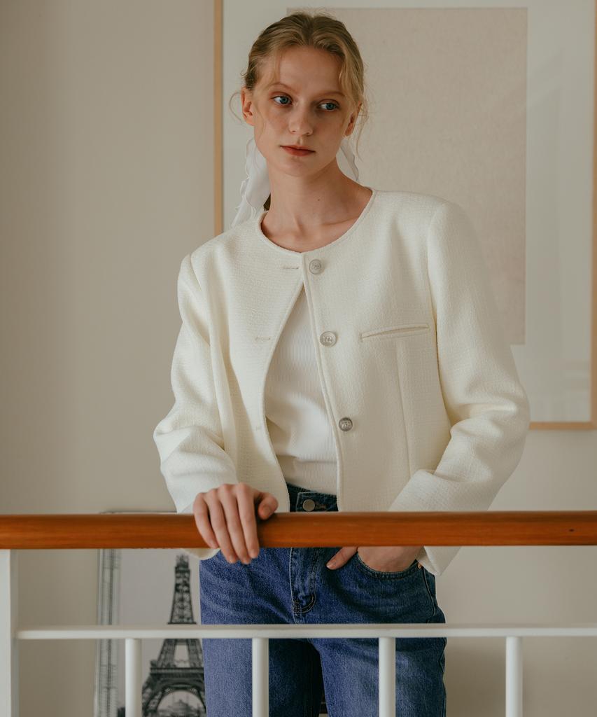 Laminez High-Size Button Tweed Jacket - Ivory