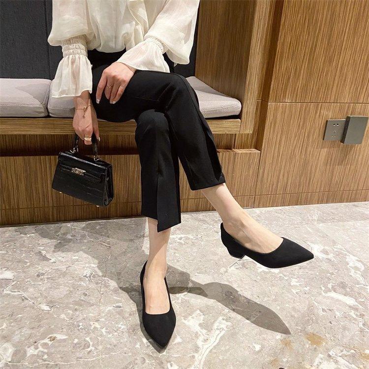 Pointed Thick Heel Single Shoes Women's New Soft Sole Not Tired Middle Heel Light Mouth Black Work Shoes Commuter Women's Shoes