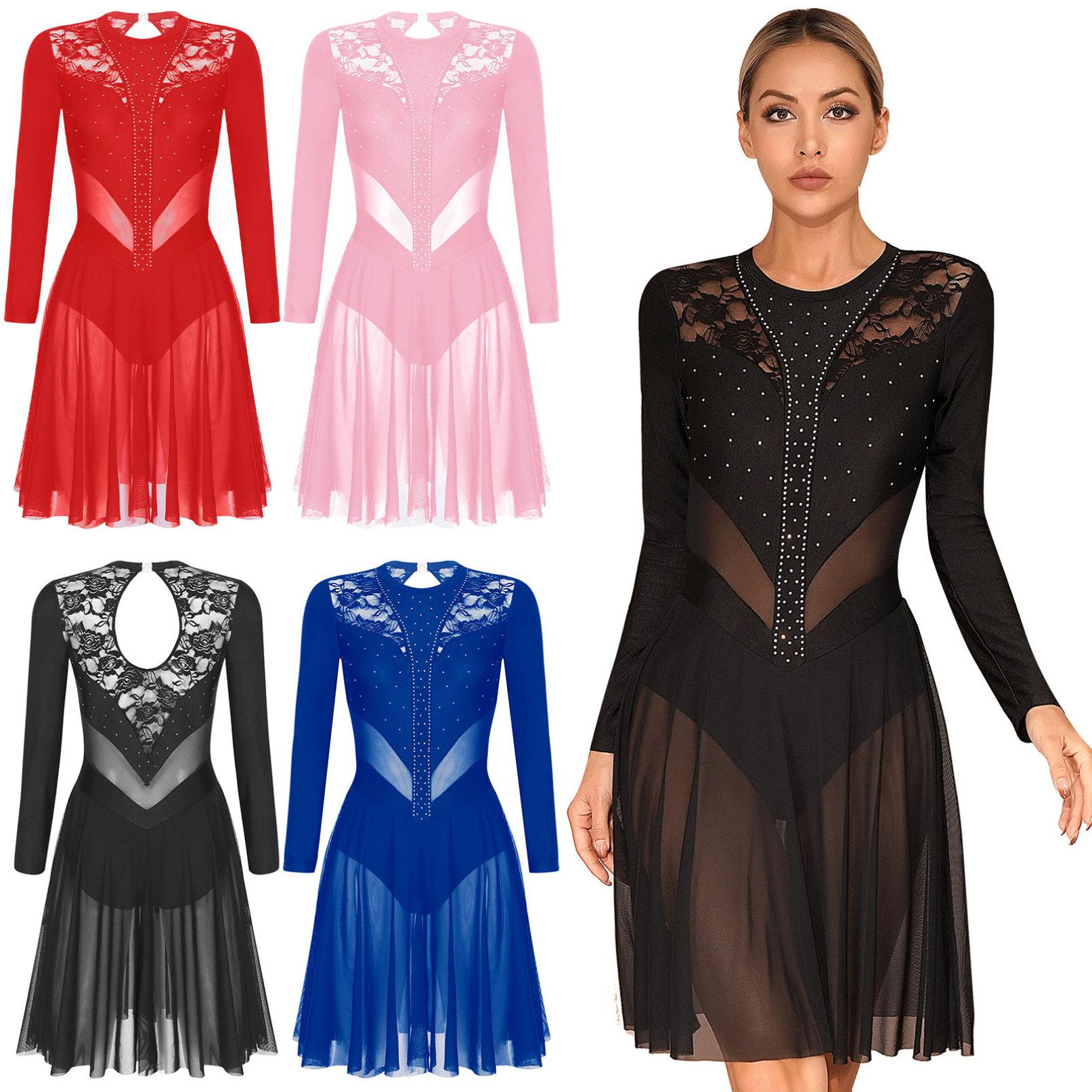 

Жіноча сукня зі стразами для фігурного катання, балет, гімнастика, трико, довгий рукав, костюм для бальних танців M синій