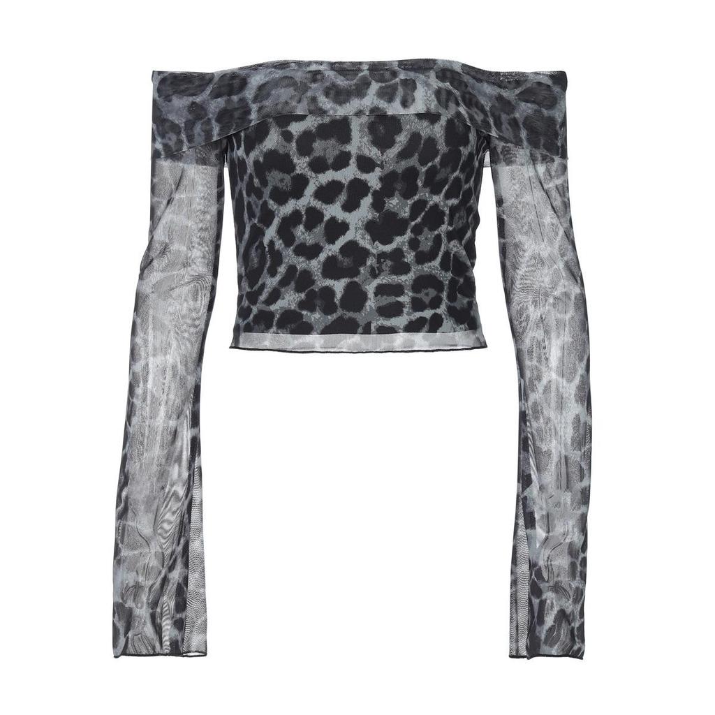 2025 European & American Women's Leopard Print One-Shoulder Semi-Sheer Long-Sleeve Top.