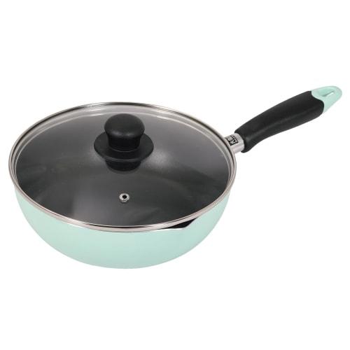 Pearl Metal Frying Pan, 22cm, 2.3L, with Graduations, Fluoropolymer Coating, Induction and Gas Compatible, Deep Frying Pan with Glass Lid, Green, HC-8