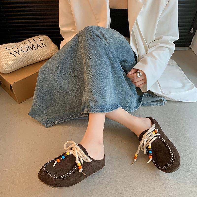 Fashion Women's Flat Shoes Cover Toe Slingback Lace-up String Bead One Kick Increased Internal Slippers All-match RetroSuede Women Shoes