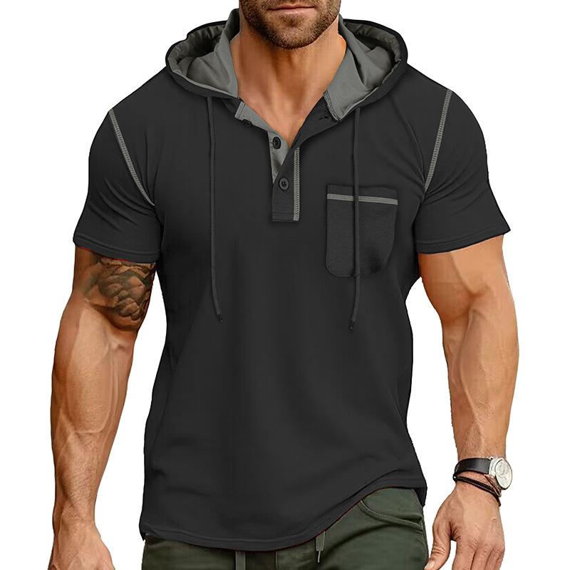 2026 New Men s Casual Short-Sleeve T-Shirt Summer Outdoor Hooded Top S чёрный