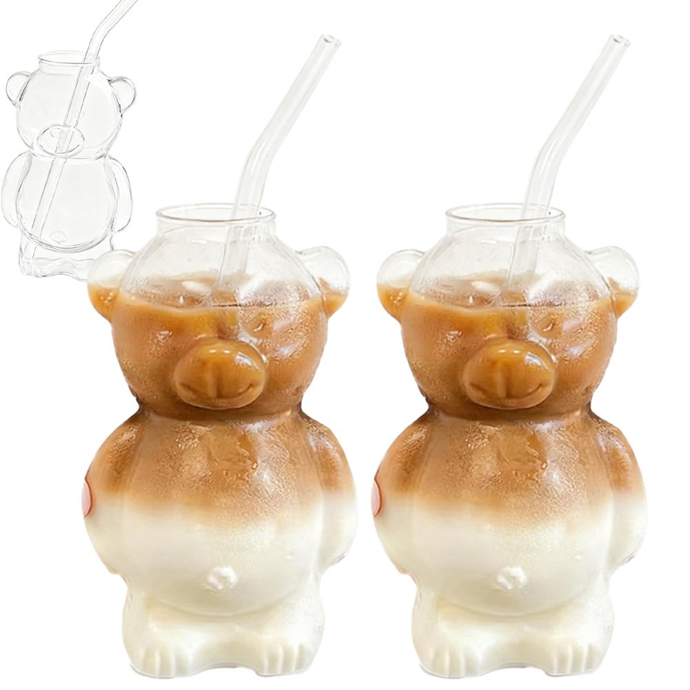 2-Pack 320ml High Borosilicate Glass Bear Shaped Straw Cup Cute Cartoon Beverage Cups for Coffee Juice Milk Tea