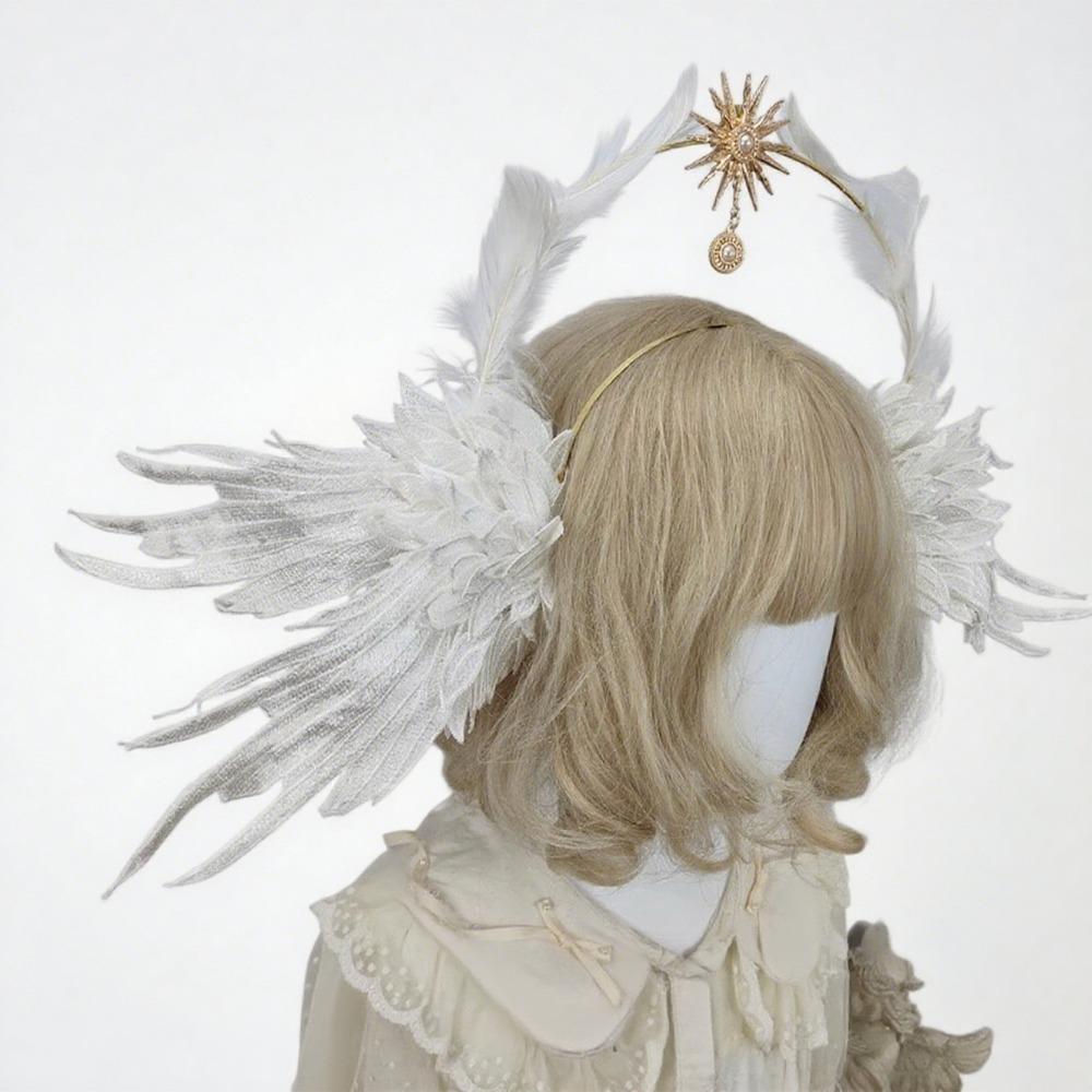 Gothic Lolita Corona Aureola Ala d'Angelo Copricapo da Donna con Ala Flessibile per Hallown Cosplay Festa Accessorio per Capelli Oggetto di Scena per Fotografia