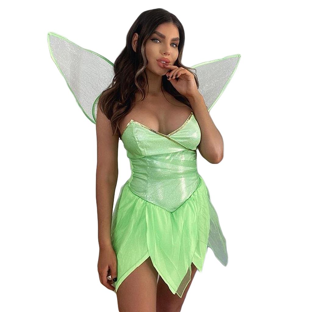 Ladies Halloween Forest Fairy Costume Sexy Solid Color Sequin Tube Tops Short Dress with Wings