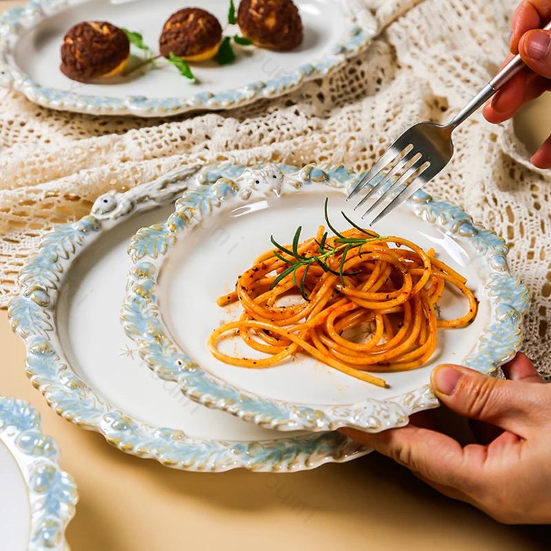 French Style Embossed Dining Plates Light Luxury Creative Ceramic Plate Set Desserts Salad Bowls Exquisite Household Tableware