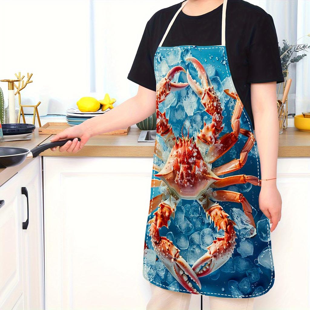 1pc Linen Apron Realistic Crab On Ice Seafood Lover Gift Kitchen Cooking BBQ Party Chef Accessory for Men Women