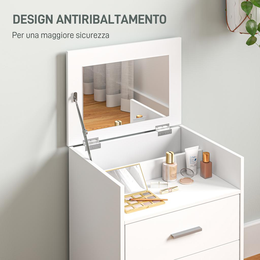 Toeletta da Trucco in Legno con Specchio Ribaltabile, 2 Cassetti e Sgabello, 50x40x113,5 cm, Bianco