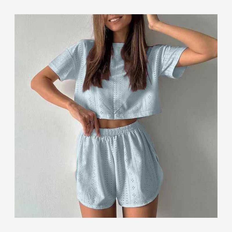

Fashion Fashion T-shirt Tops Shorts Casual Suit Female Tee Top Shorts Set Suit Women Light Blue L