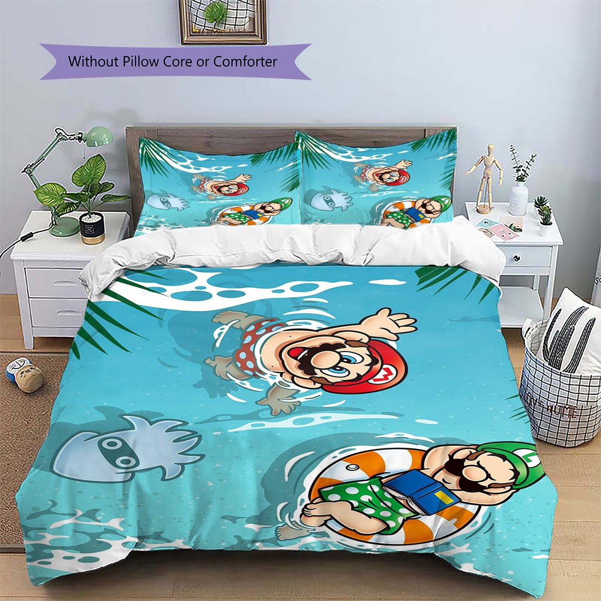 

Mario Patterned Pillowcase & Duvet Cover Set Bedroom Artistic Printed Bedding in Anime Theme Special Present.-TING 135x200cm