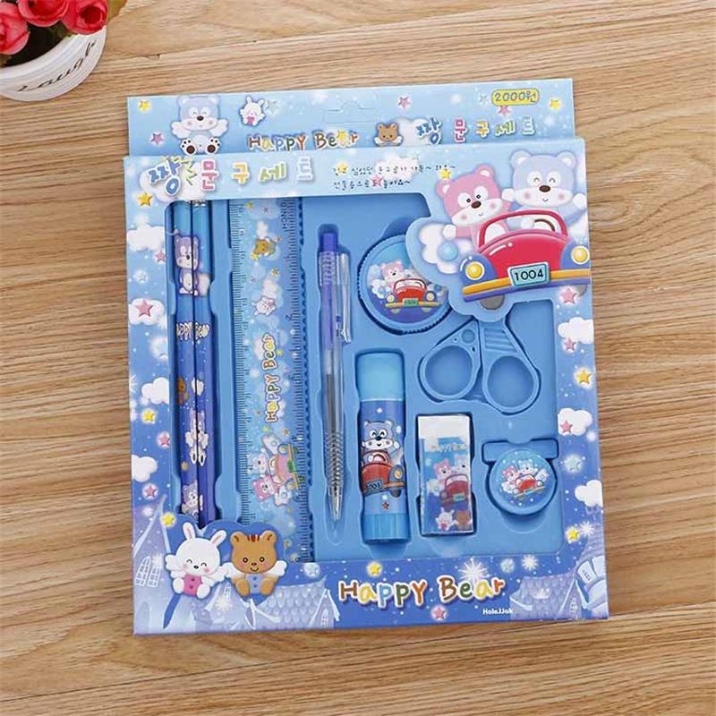 9pcs Cartoon Stationery Gift Set Ruler+ Pen +Pencil Sharpener+Scissors+Clips+ Eraser+Glue Kids School Supplies Prize Box