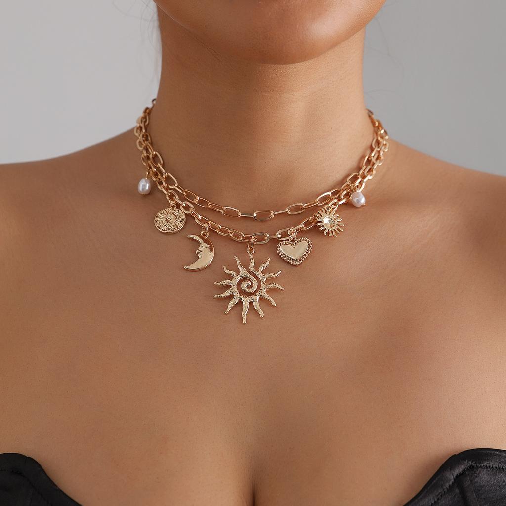 European and American jewelry retro ethnic wind sunflower necklace women's fashion multi-element moon love necklace