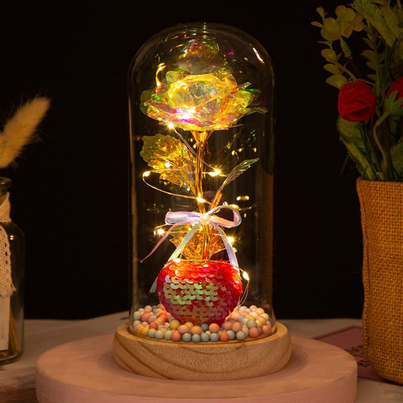 Love glass cover gold leaf flower ornament, creative mother's Valentine's Day gift, luminous simulated rose bouquet