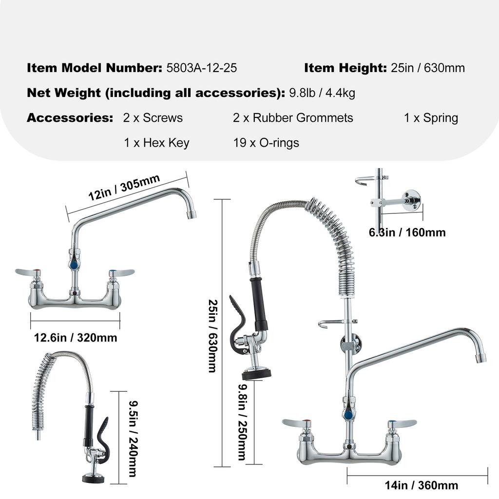 SucceBuy Commercial Faucet with Pre-Rinse Sprayer Wall Mount Kitchen Sink Faucet Brass Constructed Device with Pull Down Spray