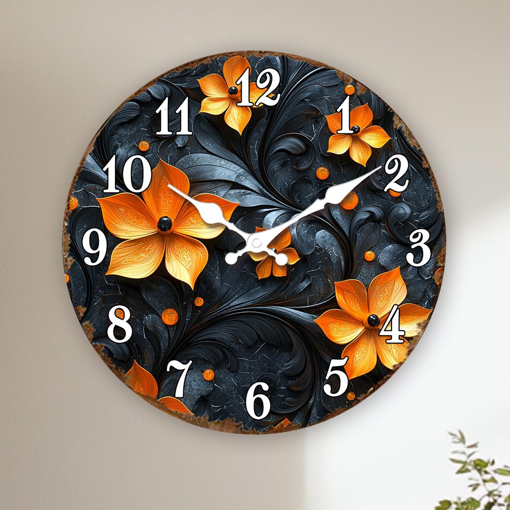 Vibrant Orange Flowers on Black Round Wall Clock, Floral Decorative Timepiece for Modern Interiors