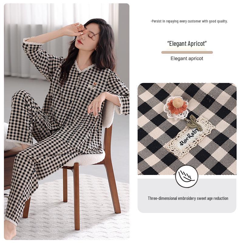 

Women s Plaid Lycra Cotton Pajamas Long Sleeve High-End Set, Autumn/Winter M