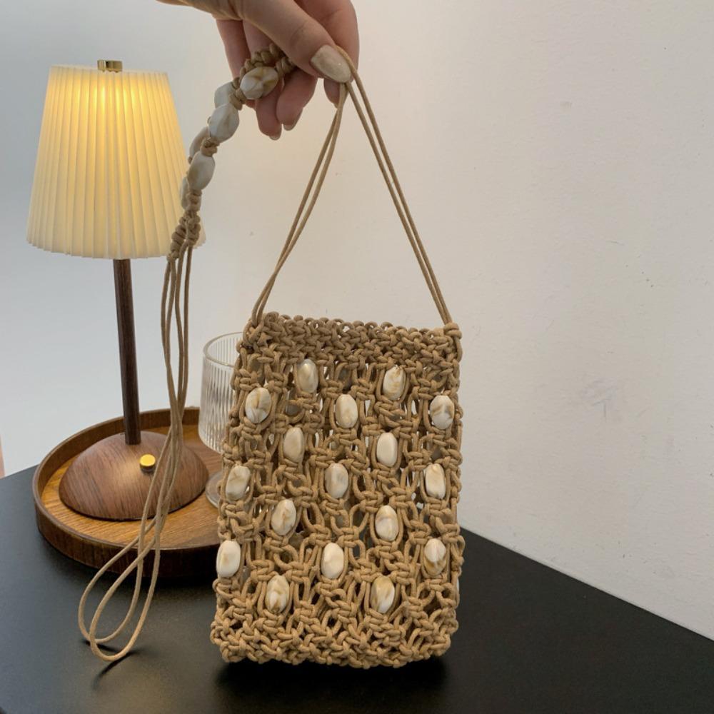 Cute Korean Style Beaded Woven Phone Bag Bohemian Wax Rope Hollow Out Shoulder Bag Handmade Vacation Style Beach Bag Outdoor