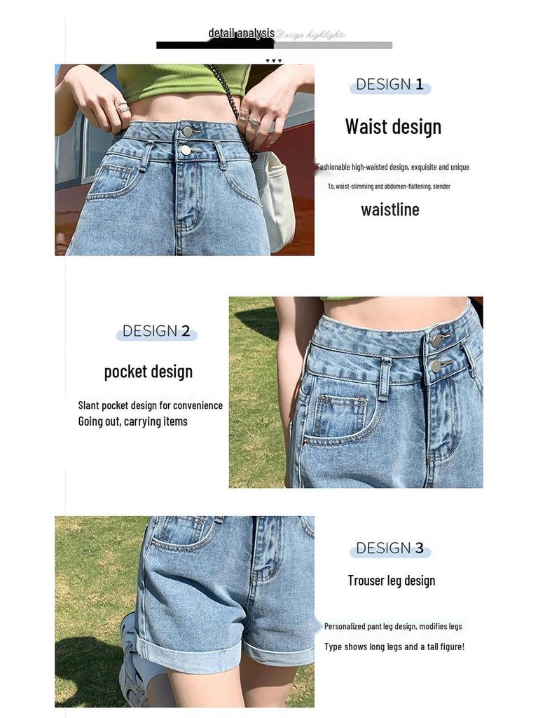Women's High-Waist Denim Shorts - Rolled Hem, Double Button, A-line, Summer Wide Leg