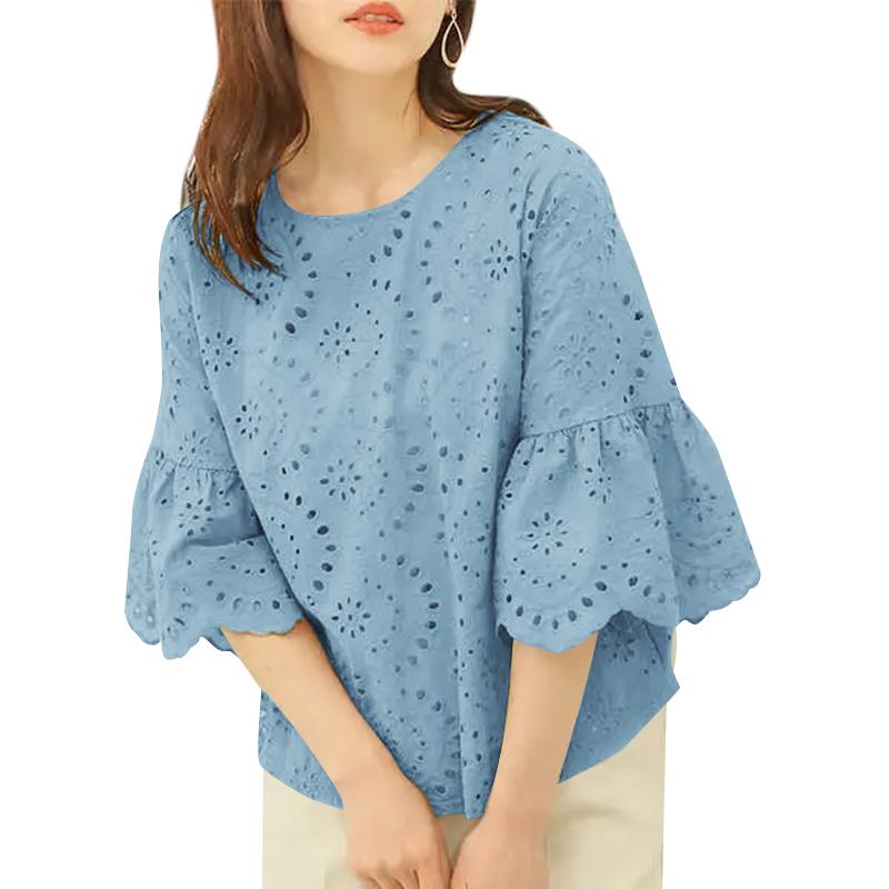 

ZANZEA Женская повседневная блузка с круглым вырезом, рукавами 3/4, свободная, кружевная, вязаная крючком 3XL