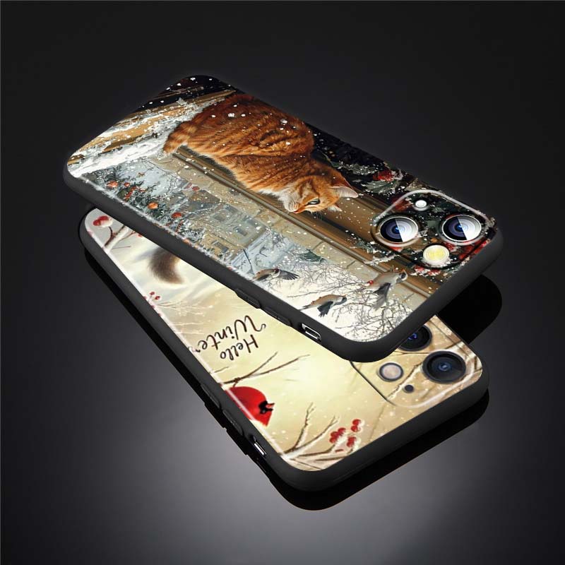 Cute cartoon cat illustration For Apple iPhone 17 16 16E 15 14 13 12 11 Pro Max Plus Black Soft Silicone Phone Case