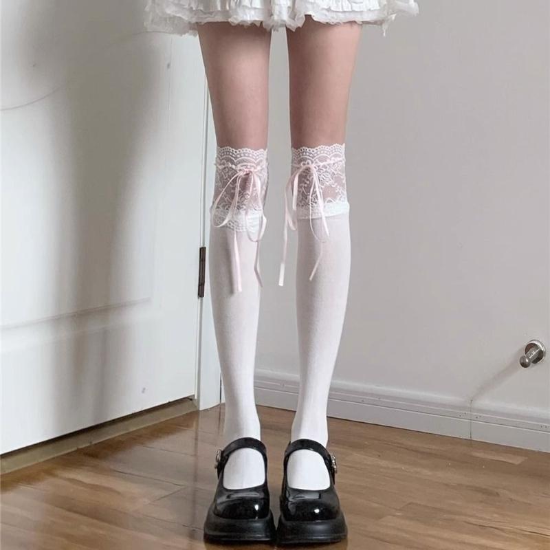 Women Ballets Style Bows Over Knee Socks Stockings Lace Frilly Thigh Highs Socks Student Girls Lace Top Long Stockings