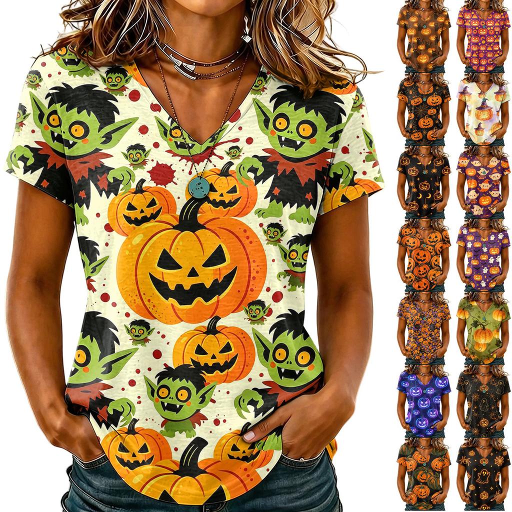 Women's Casual V-Neck Halloween Printed T-Shirt for Party Costume