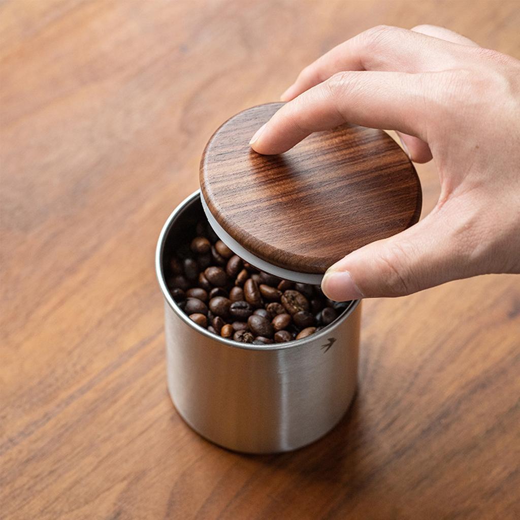 Luftdichter Edelstahl-Kaffeebehälter mit Holzdeckel, Kleines tragbares Kaffeebohnen-Aufbewahrungsglas für die Küche
