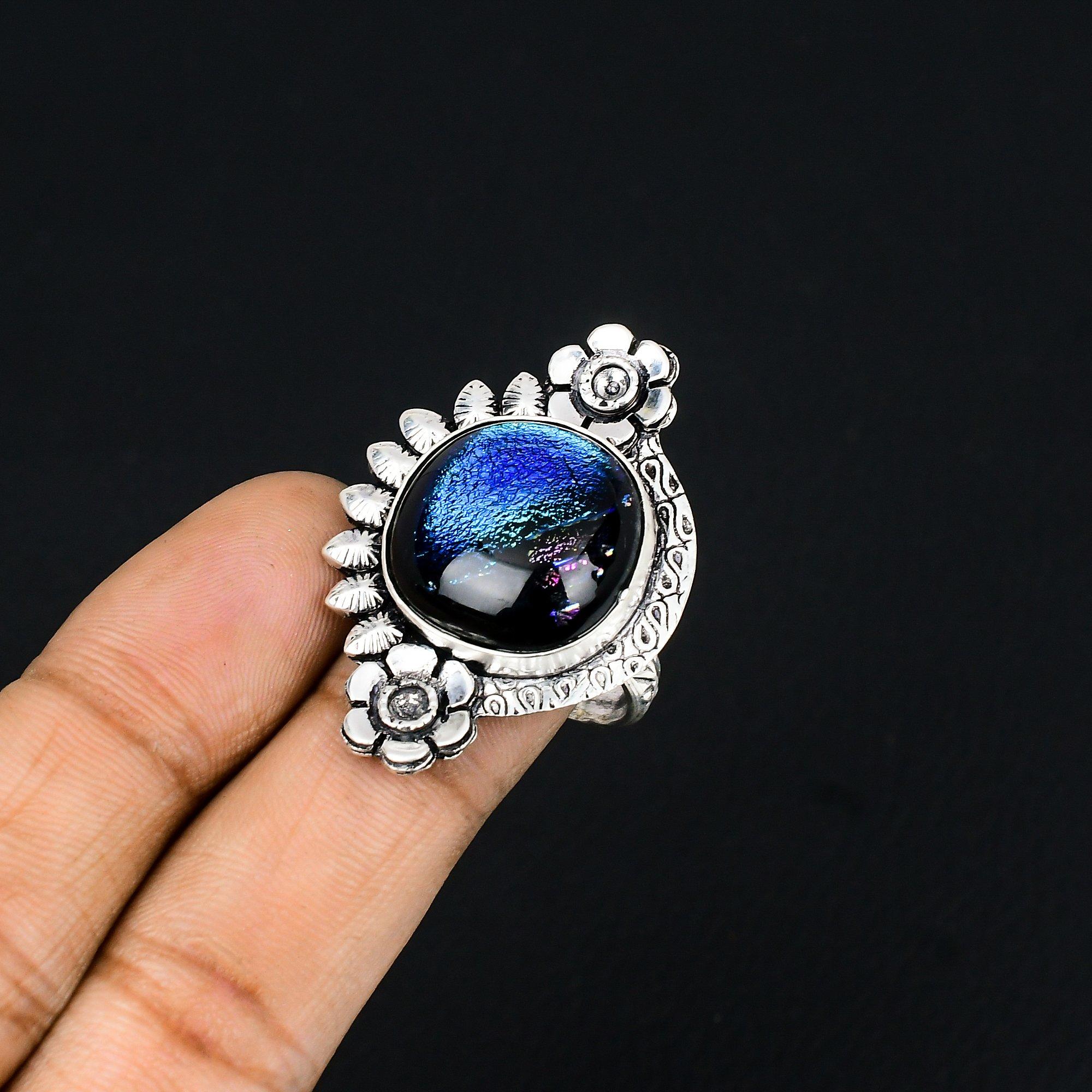 925 Silver American Dichroic Glass Gemstone Wife Flower Stackable Ring Size 8.5 8.5