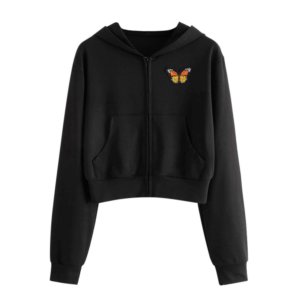 Women Embroidery Butterfly Long Sleeve Zipper Pocket Shirt Hooded Sweatshirt Top