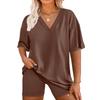 Women's Loose Fashion Solid Color Split V-Neck Short Sleeve Top Shorts Two Piece Set