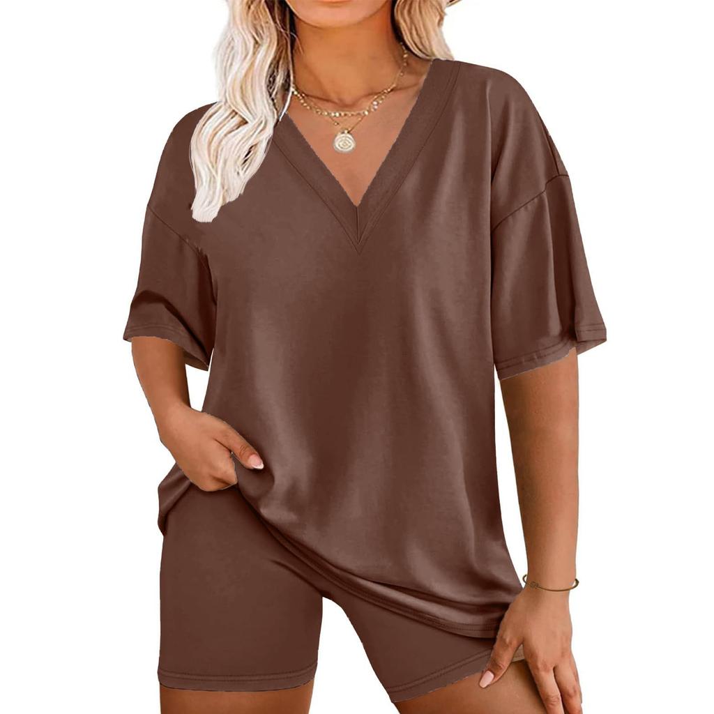 Women's Loose Fashion Solid Color Split V-Neck Short Sleeve Top Shorts Two Piece Set