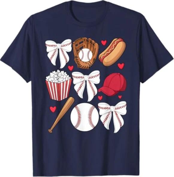 Baseball Coquette Bow Women Girls Baseball Cheer Mom Mama T-Shirt XL