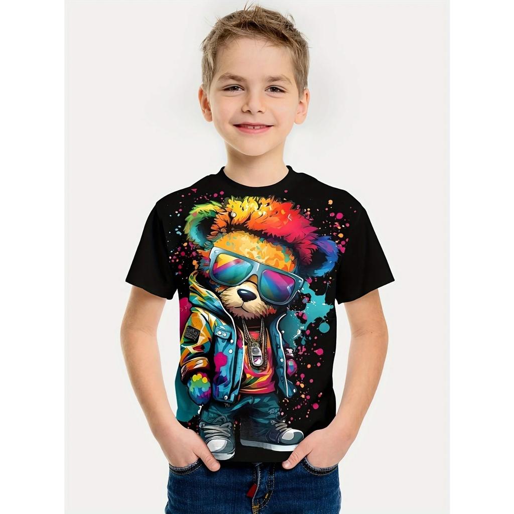 Children's 3D Short Sleeve Cool Bear Print Summer Clothing Boys T-Shirt Casual Fashion Round Neck Kids Top