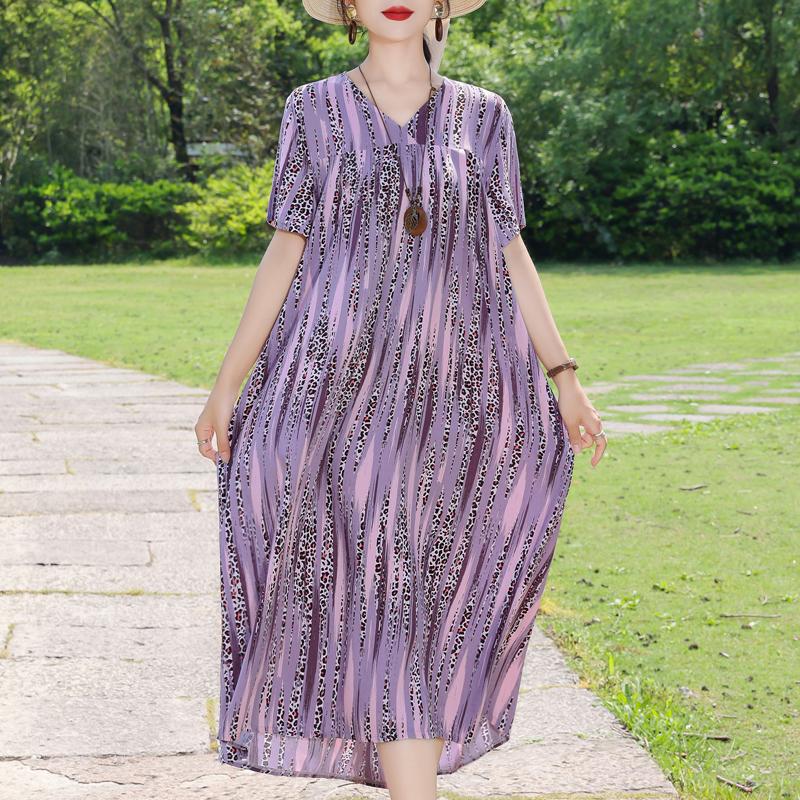 Elegant Women's Summer Dress Plus Size Short Sleeve Casual Loose Long Dresses Vintage Clothes