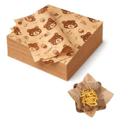 BOJIDO Foaie de Copt Cerată 100 18 x 18 Mediu cuptor Alimentar Ulei Căldură pentru Friteuză Potrivită pentru Coș Picnic Rezistentă la Grăsime Deli Drăguț Urs Design Hârtie,