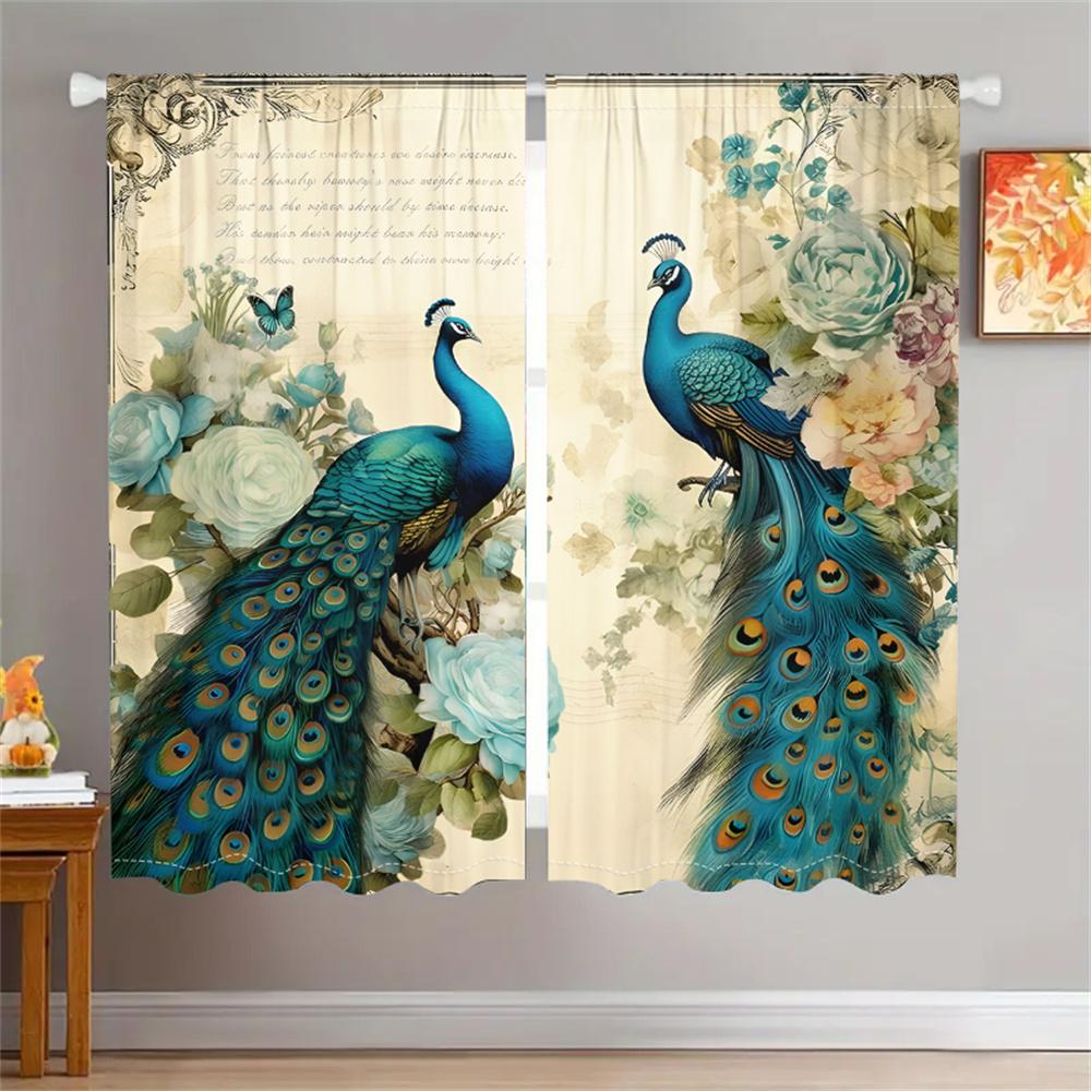 2Pcs Elegant Peacock Curtains Blue Vintage Floral Pattern Living Room Bedroom Office Sunshade Country Style Decor Curtains