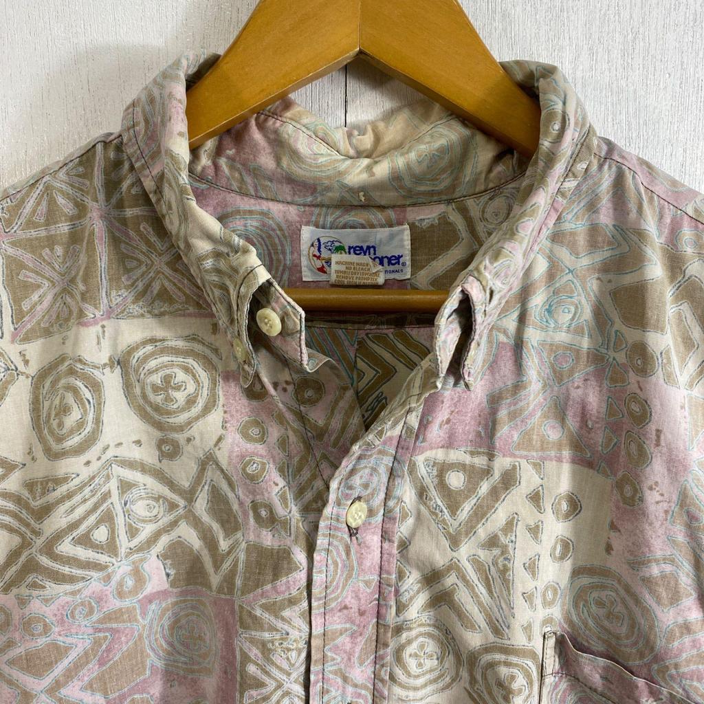Used 90s Reyn Spooner Hawaiian Shirt Aloha Short Sleeve BD Reverse Print Inside Out All Over Pattern Ethnic Pattern Tribal Old Clothes VINTAGE Beige
