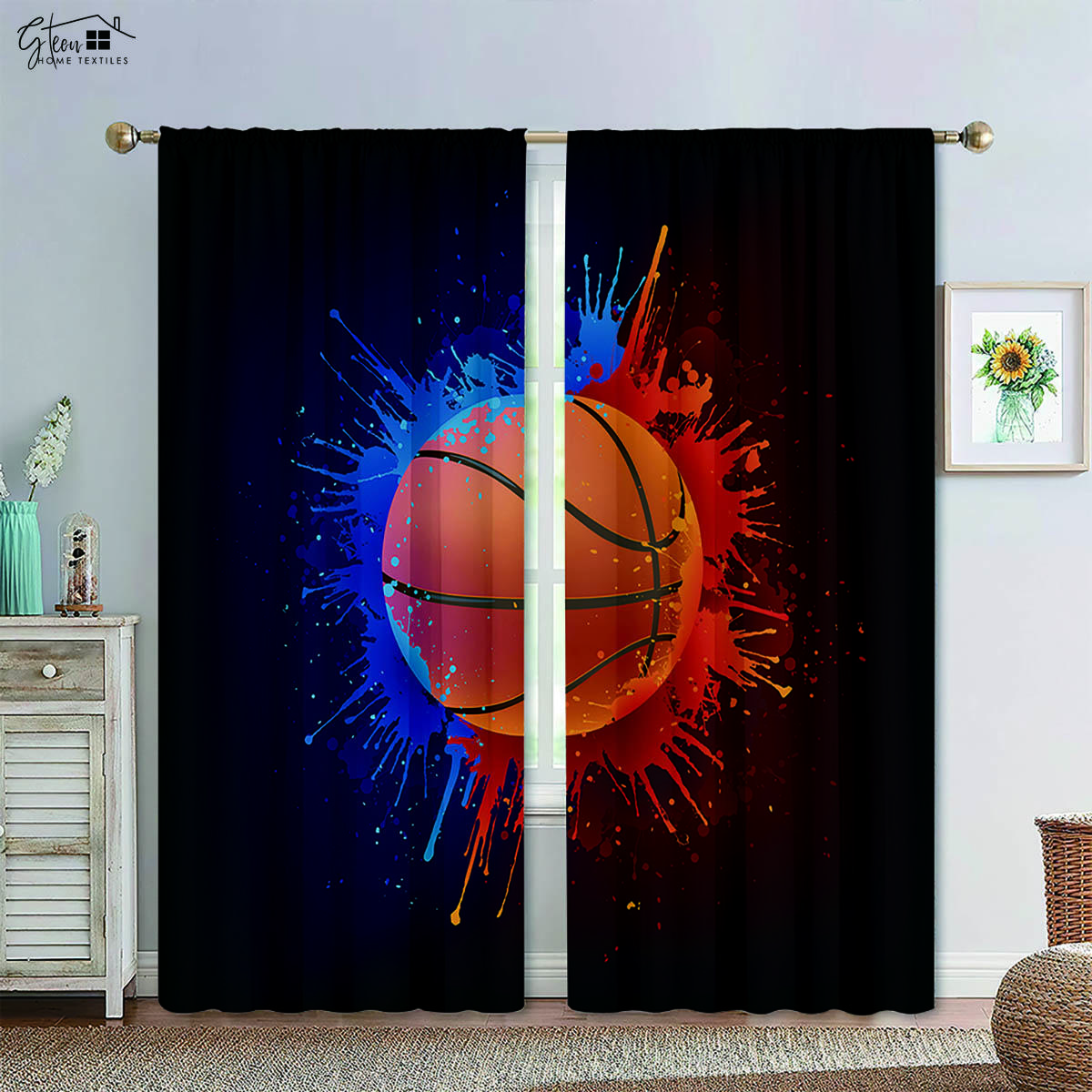 

Basketball Football in Water and Fire Black Printed Curtain Rod Pocket Design Machine Washable Bedchamber Living Area Decorative Curtains W50xH130(CM)x2PCS&Rod pocket