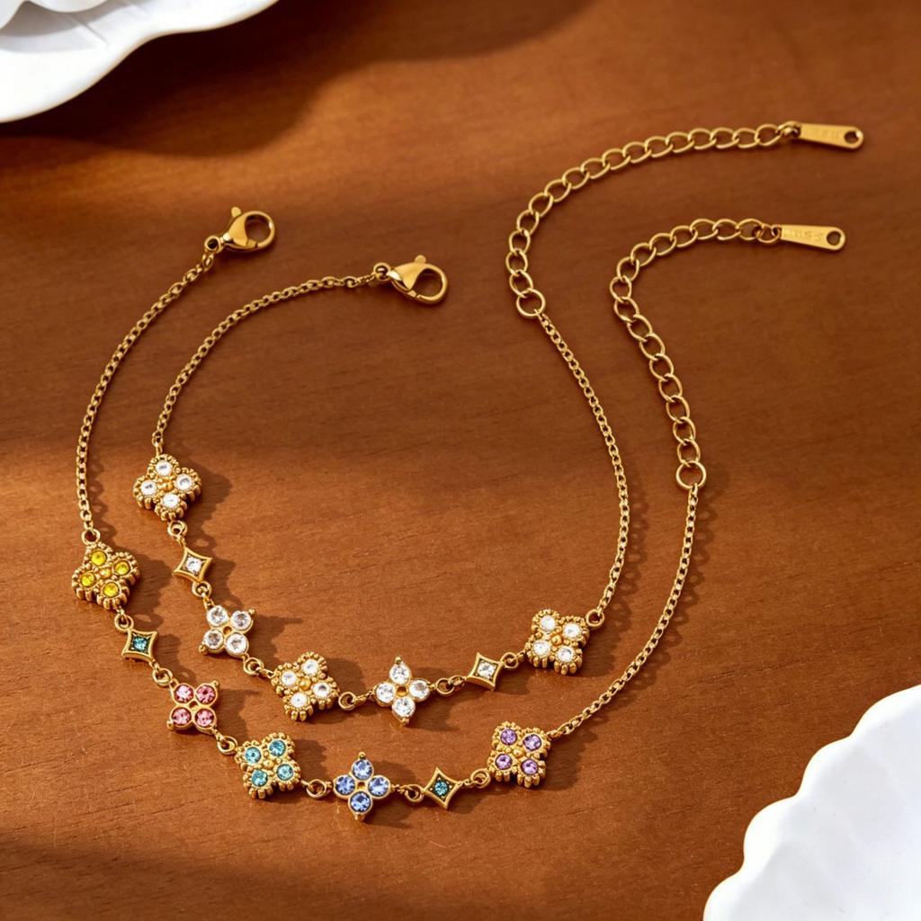 Novirassine Aesthetic Y2K Luxury Non Tarnish Waterproof PVD Gold Stainless Steel Four Leaf Clover Flower Link Bracelet for Women